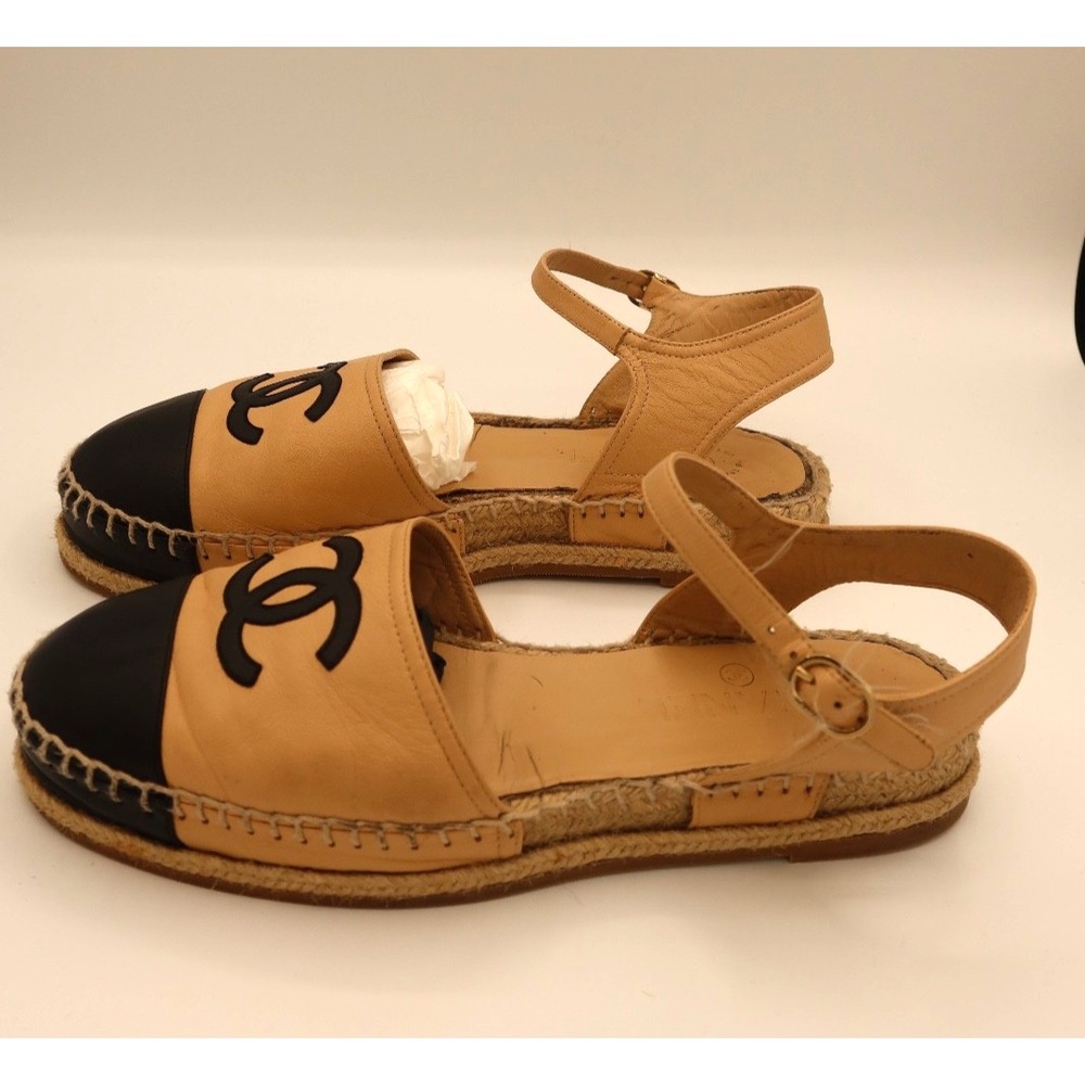 Chanel Classic Beige Black Leather Espadrille Ankle Strap Sandals Size 8 - Picture 3 of 8
